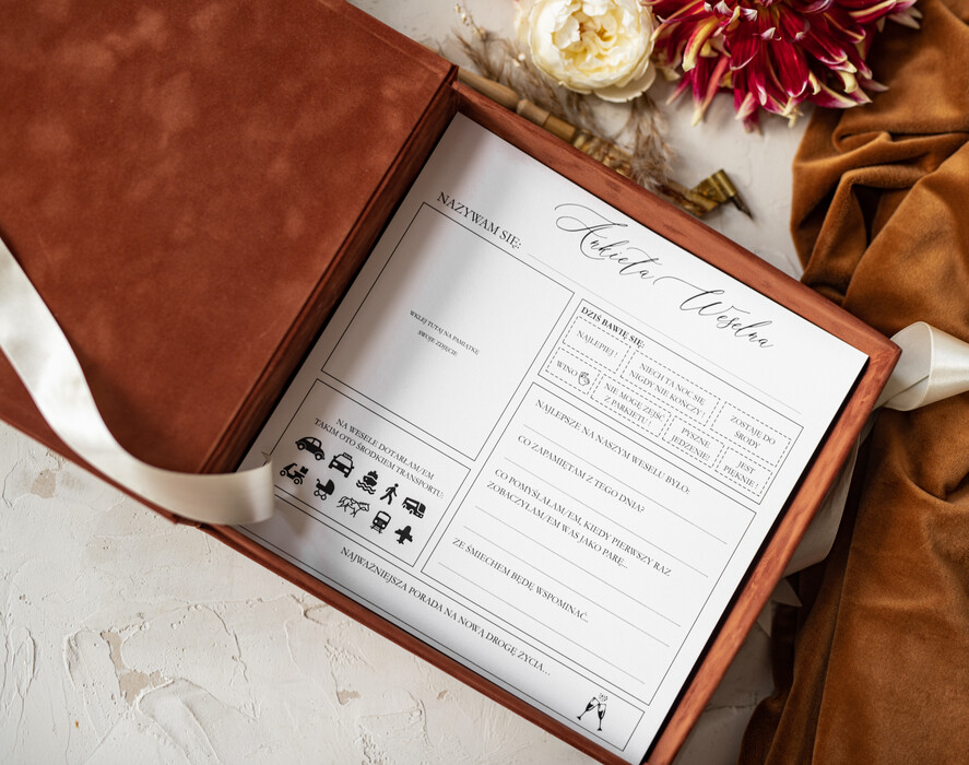 Ankiety weselne ankiety w pudełkach  ankieta weselna dla gości pamiątka ze ślubu, ankieta weselna zamknięta w welurowym pudełku, pamiątka ze ślubu ankiety weselne, porady dla Pary Młodej1