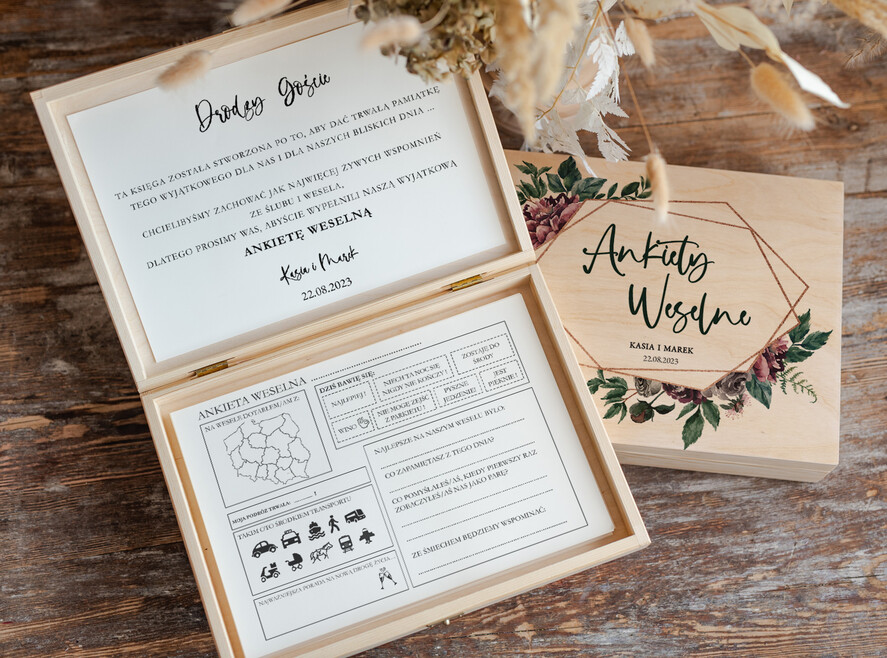 Ankiety weselne ankiety w pudełkach  ankieta weselna dla gości pamiątka ze ślubu, ankieta weselna zamknięta w drewnianym pudełku, pamiątka ze ślubu ankiety weselne, porady dla Pary Młodej od Gości2