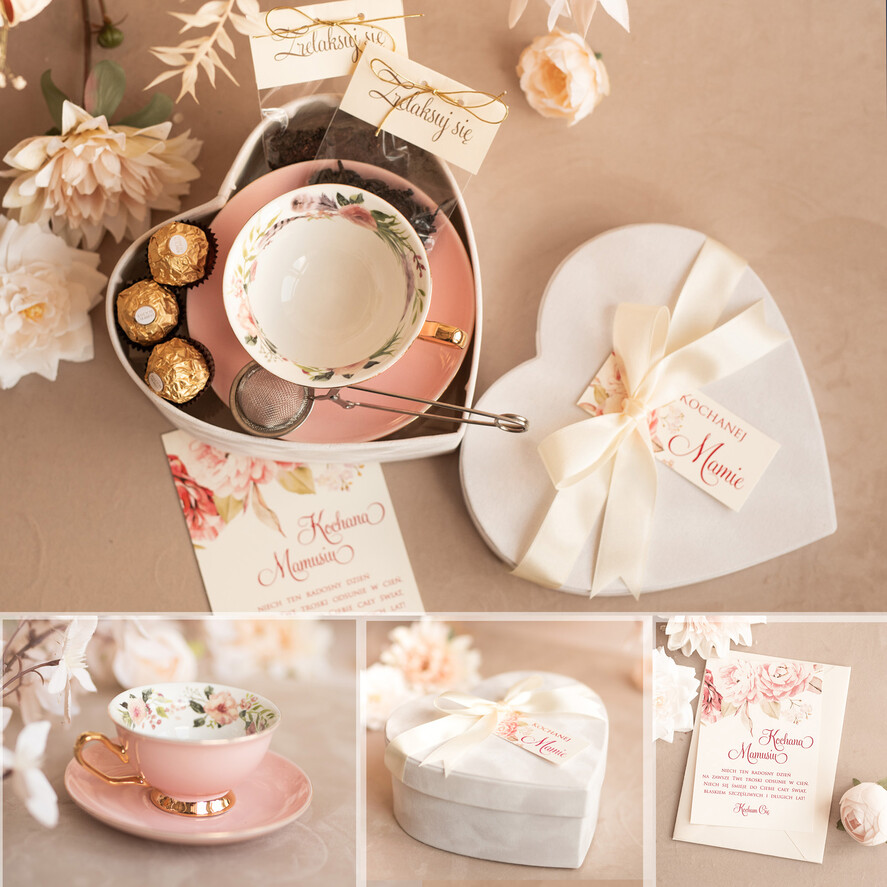 Prezenty dla Mamy zestawy w welurowych i ozdobnych pudełkach  prezent dla Mamy czekoladki, prezent na dzień mamy filiżanka z zaparzaczem, prezent dla mamy w ozdobnym pudełku0