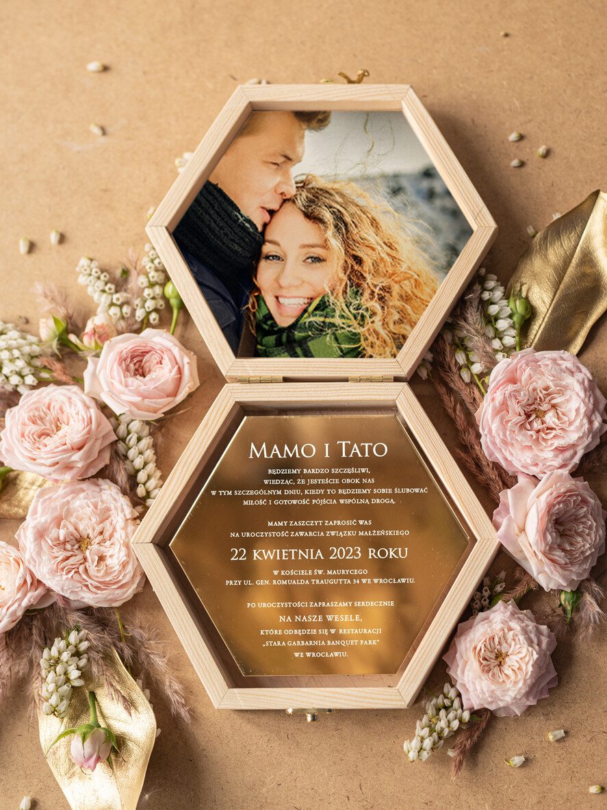Zaproszenia dla Rodziców  zaproszenia dla Rodziców  zaproszenia na ślub dla Rodziców na ślub drewniane pudełko nadruk treści na złotym lustrze    2