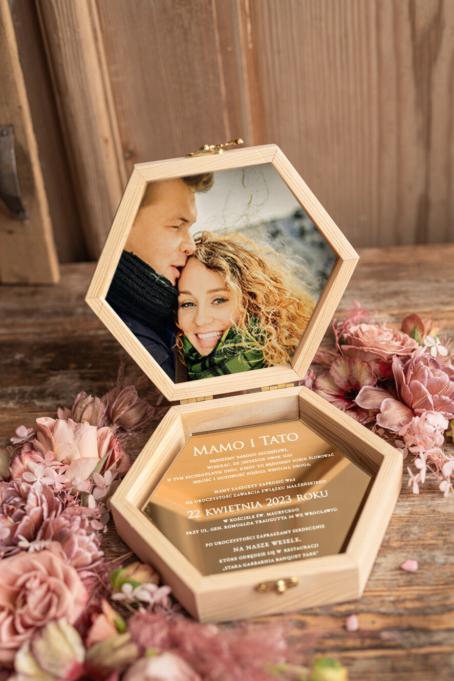 Zaproszenia dla Rodziców  zaproszenia dla Rodziców  zaproszenia na ślub dla Rodziców na ślub drewniane pudełko nadruk treści na złotym lustrze    3