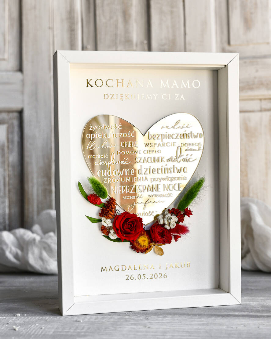Prezenty dla Mamy ramki, puzzle, ramki na zdjęcia  prezent od serca ramka z okazji dnia mamy, podziękowanie złote serce i kwiaty w ramce - prezent na dzien matki dedykacja 0