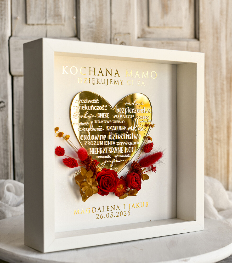 Prezenty dla Mamy ramki, puzzle, ramki na zdjęcia  Ramka z kwiatkami prezent od serca ramka z okazji dnia mamy, podziękowanie złote serce i kwiaty w ramce - prezent na dzien matki dedykacja 3