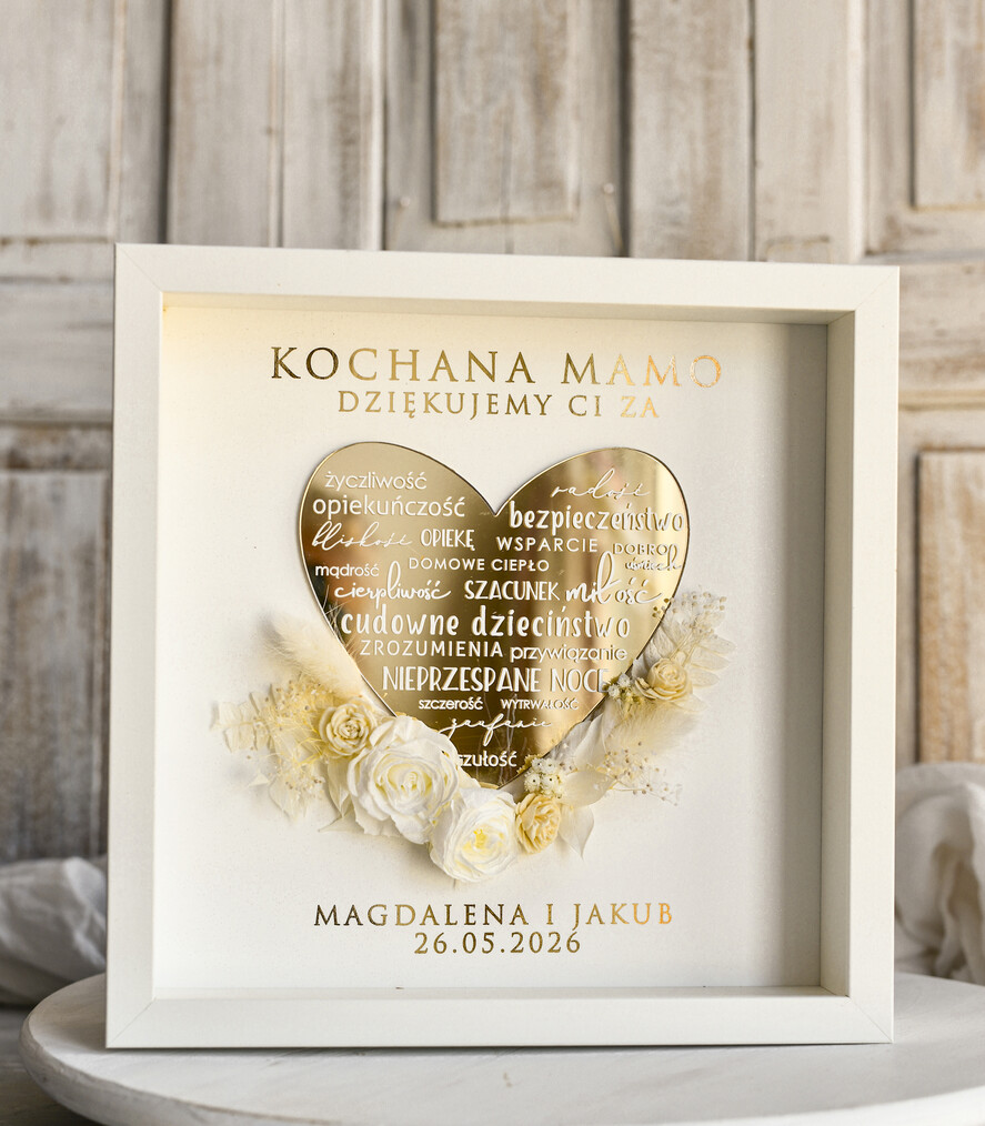 Prezenty dla Mamy ramki, puzzle, ramki na zdjęcia   Flowerbox w ramie prezent na dzien matki dedykacja -prezent od serca ramka z okazji dnia mamy-  podziękowanie złote serce i kwiaty w ramce 4