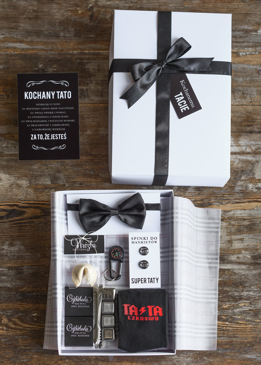 Prezenty dla Taty dzien ojca zestawy dla Taty dzień Ojca pomysł na prezent box prezentowy dla Taty satynowa mucha i spinki do mankietu 0
