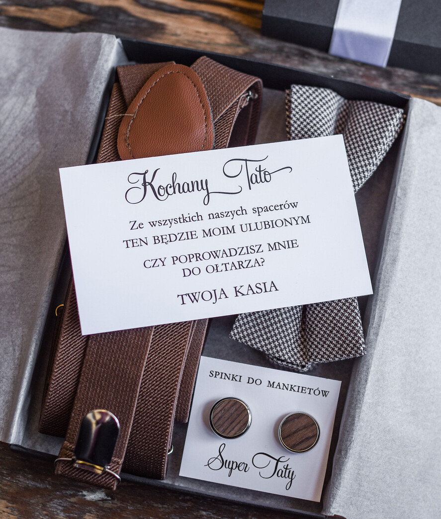 Zaproszenia dla Rodziców  Tato czy poprowadzisz mnie do ołtarza   Prośba Tato czy poprowadzisz mnie do ołtarza zestaw dla taty szelki mucha i spinki do mankietów 2