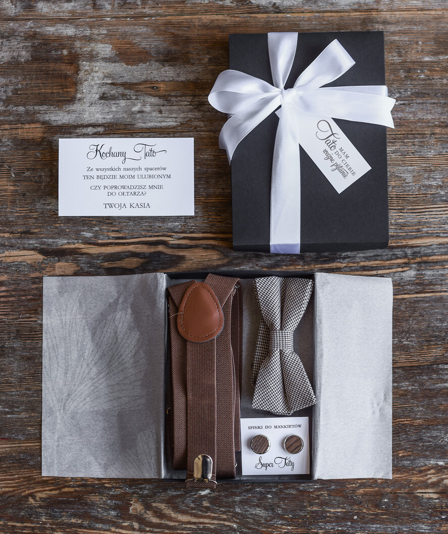 Zaproszenia dla Rodziców  Tato czy poprowadzisz mnie do ołtarza   Prośba Tato czy poprowadzisz mnie do ołtarza zestaw dla taty szelki mucha i spinki do mankietów 0