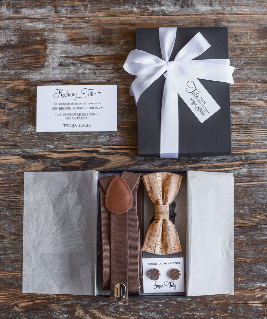 Zaproszenia dla Rodziców  Tato czy poprowadzisz mnie do ołtarza   elegancki zestaw szelki, mucha i spinki do mankietu, Tato czy poprowadzisz mnie do ołtarza ?0