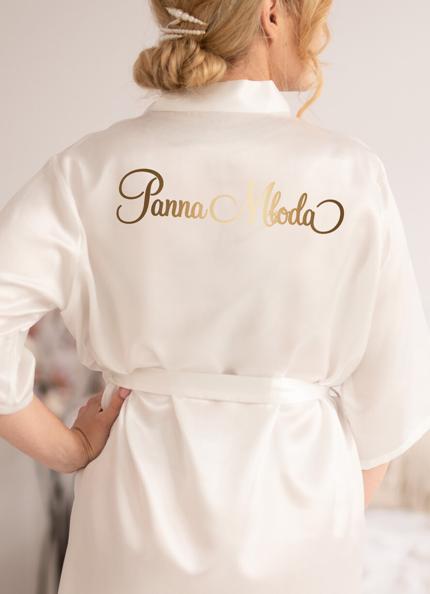 Szlafroki Ślubne z Napisami Szlafrok Ślubny dla Panny Młodej  Satynowy Szlafrok Ślubny z Imieniem Panny Młodej, Satynowa podomka Ślubna złote literki0