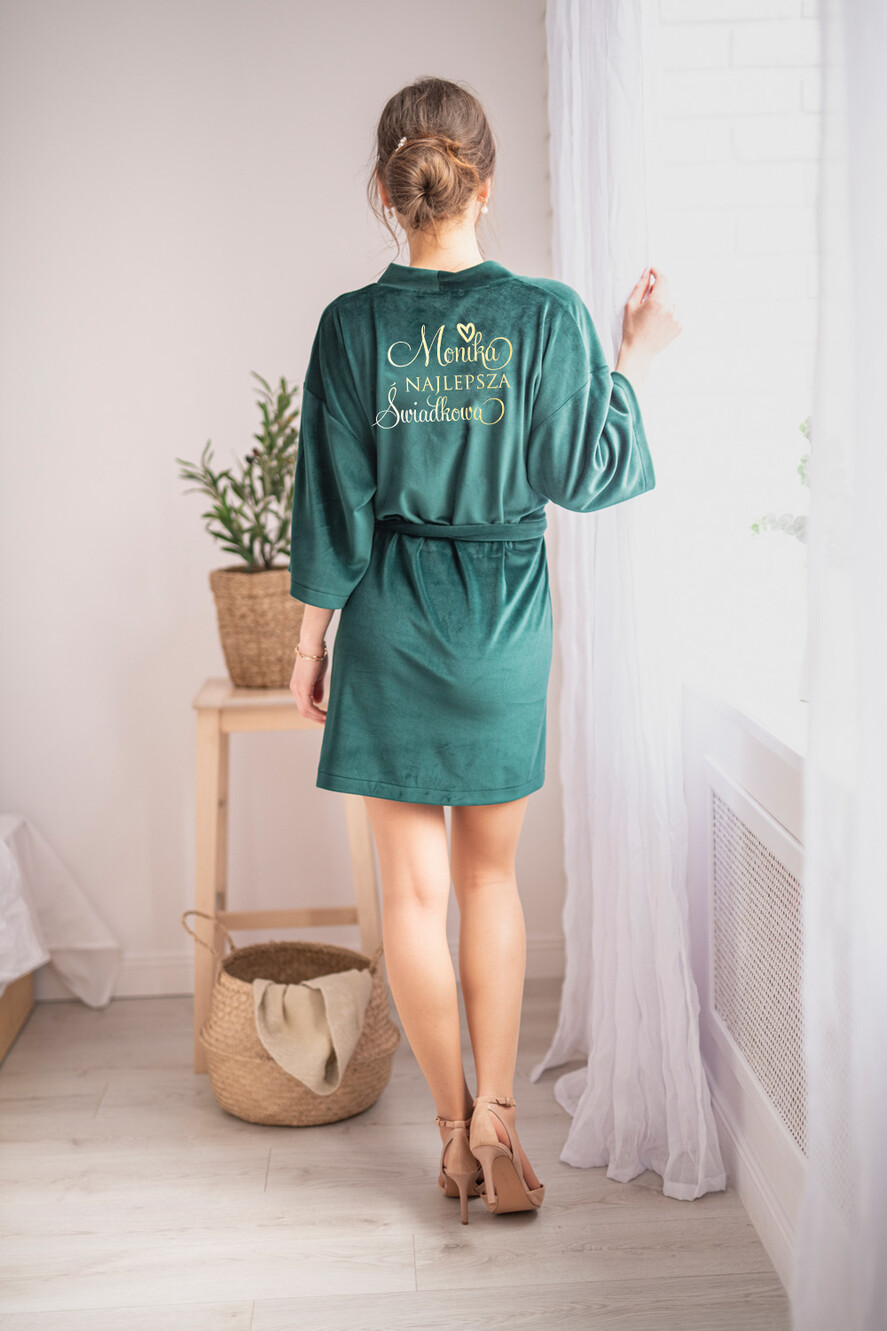 Szlafroki Ślubne z Napisami Szlafrok dla Świadkowej / Druhny / Mamy Welurowy Zielony Szlafrok z Napisem Prezent dla Świadkowej Welurowy Szlafrok z Dowolnym Napisem Prośba o świadkowanie rozmiar M1