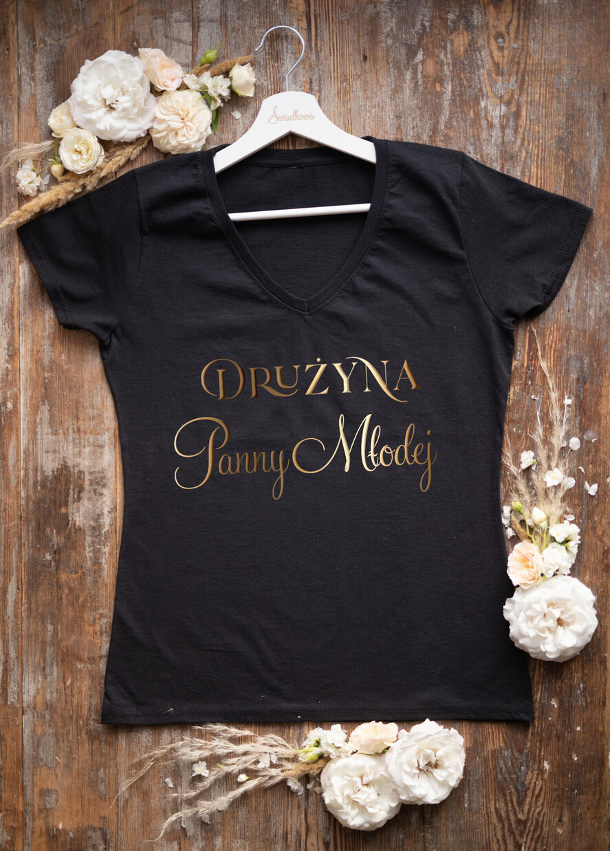 wieczór Panieński zestawy podziekowania na wieczór panieński Zestaw na wieczór Panieński  - Koszulka Drużyna Panny Młodej  - T-Shirt Złote litery  Frotka do włosów1