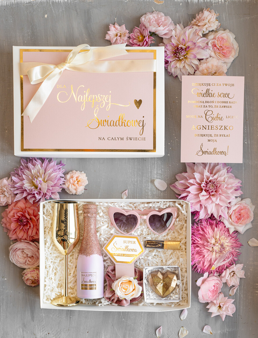Prezenty dla świadków podziękowania dla świadkowej Prezent dla Druhny Podziękowanie dla Świadkowej, pomysły na prezent dla świadkowej podziękowanie za świadkowanie od młodej pary, box prezentowy dla świadkowej0