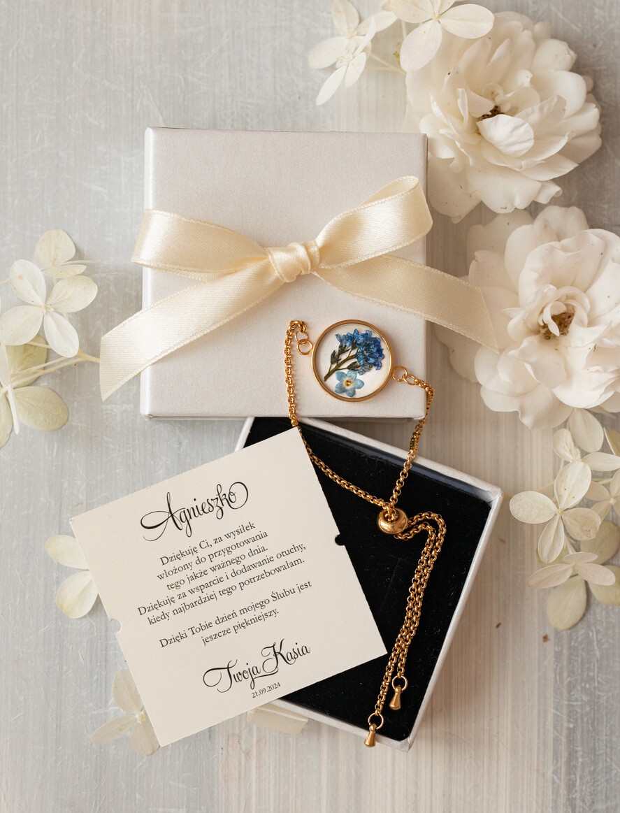 Prezenty dla świadków podziękowania dla świadkowej  Elegancki prezent dla Świadkowej, bransoletka z niezapominajką, wyjątkowy prezent na podziękowanie za świadkowanie, prezent dla świadkowej po ślubie 3