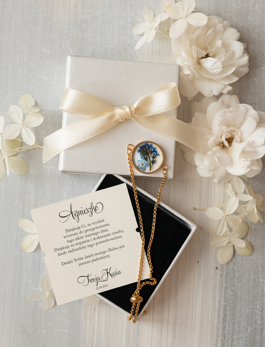 Prezenty dla świadków podziękowania dla świadkowej  Elegancki prezent dla Świadkowej, bransoletka z niezapominajką, wyjątkowy prezent na podziękowanie za świadkowanie, prezent dla świadkowej po ślubie 5