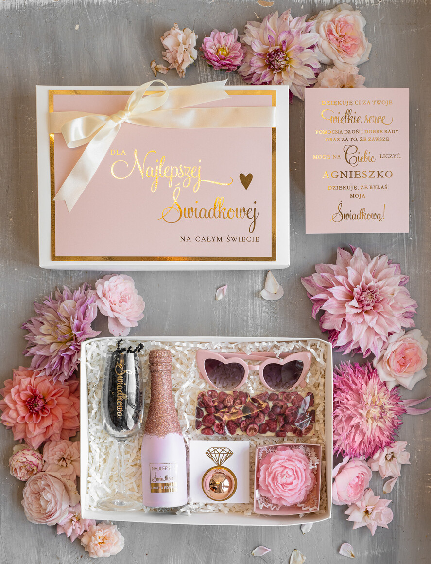 Prezenty dla świadków podziękowania dla świadkowej Prezent dla Druhny Podziękowanie dla Świadkowej, pomysły na prezent dla świadkowej podziękowanie za świadkowanie od młodej pary, box prezentowy dla świadkowej0