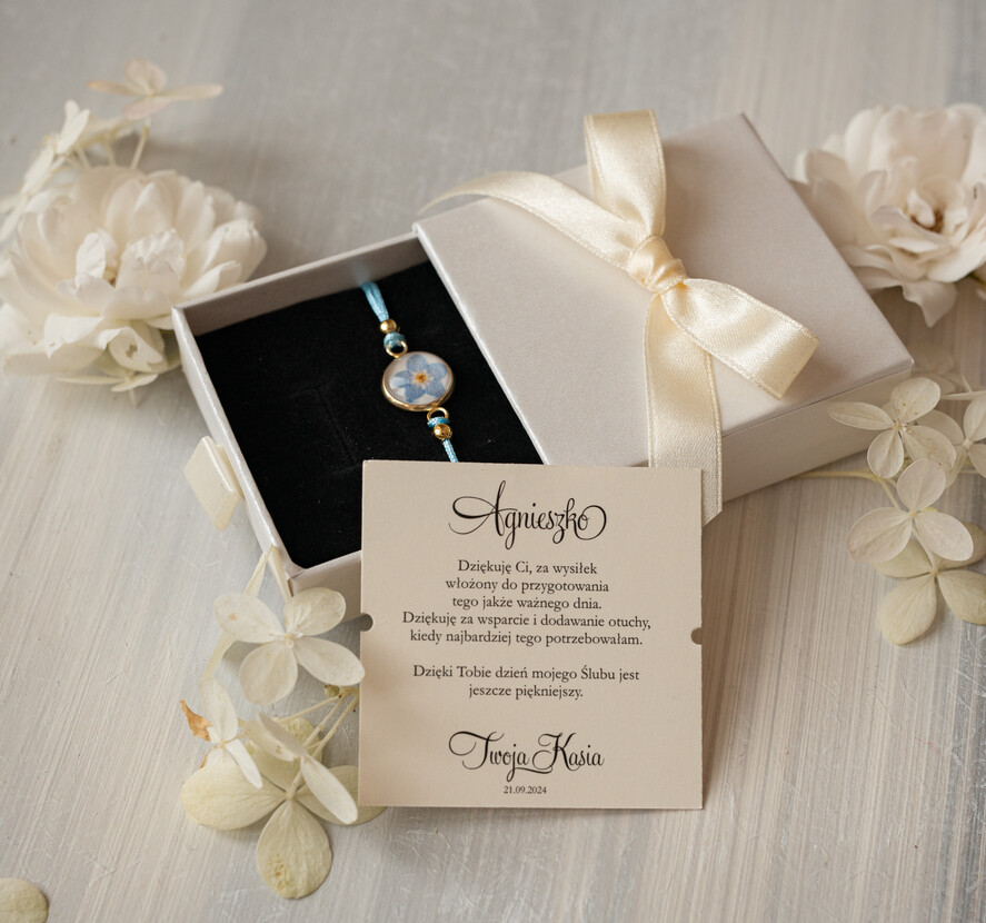 Prezenty dla świadków podziękowania dla świadkowej Elegancki prezent dla Świadkowej, bransoletka z niezapominajką, wyjątkowy prezent na podziękowanie za świadkowanie, prezent dla świadkowej po ślubie4