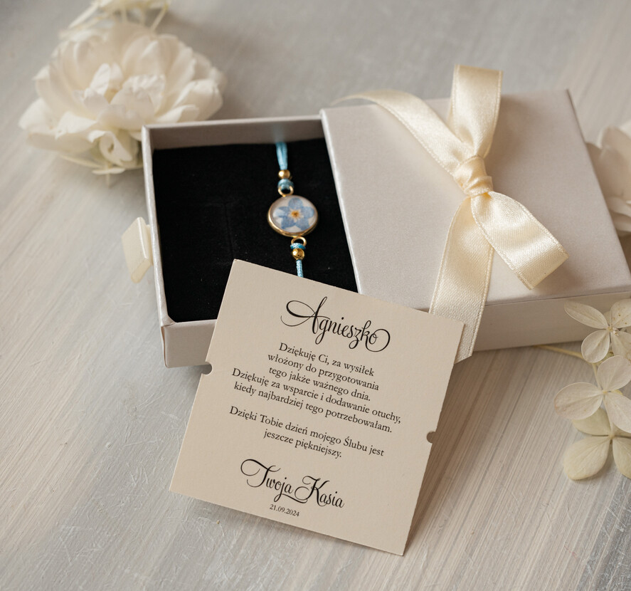Prezenty dla świadków podziękowania dla świadkowej Elegancki prezent dla Świadkowej, bransoletka z niezapominajką, wyjątkowy prezent na podziękowanie za świadkowanie, prezent dla świadkowej po ślubie3