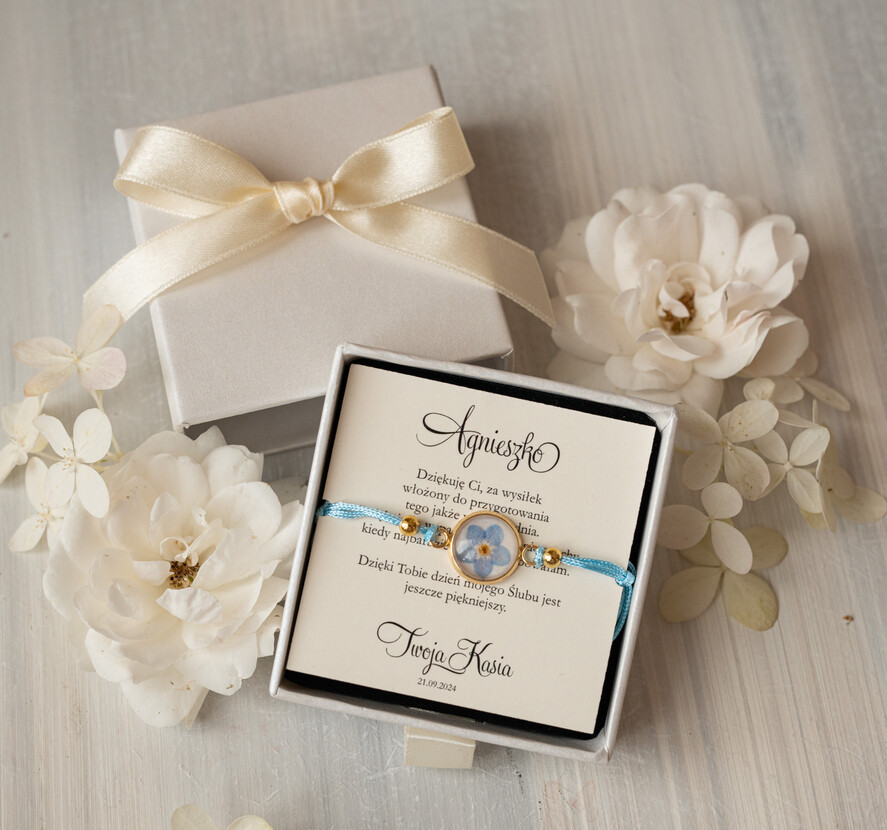 Prezenty dla świadków podziękowania dla świadkowej Elegancki prezent dla Świadkowej, bransoletka z niezapominajką, wyjątkowy prezent na podziękowanie za świadkowanie, prezent dla świadkowej po ślubie6
