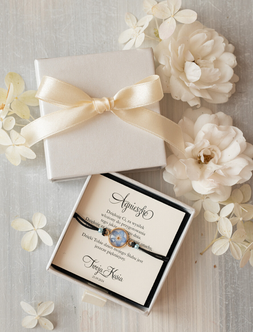 Prezenty dla świadków podziękowania dla świadkowej Podziękowanie dla świadkowej, bransoletka z niezapominajką, wyjątkowy prezent dla świadkowej, prezent dla świadkowej po ślubie2