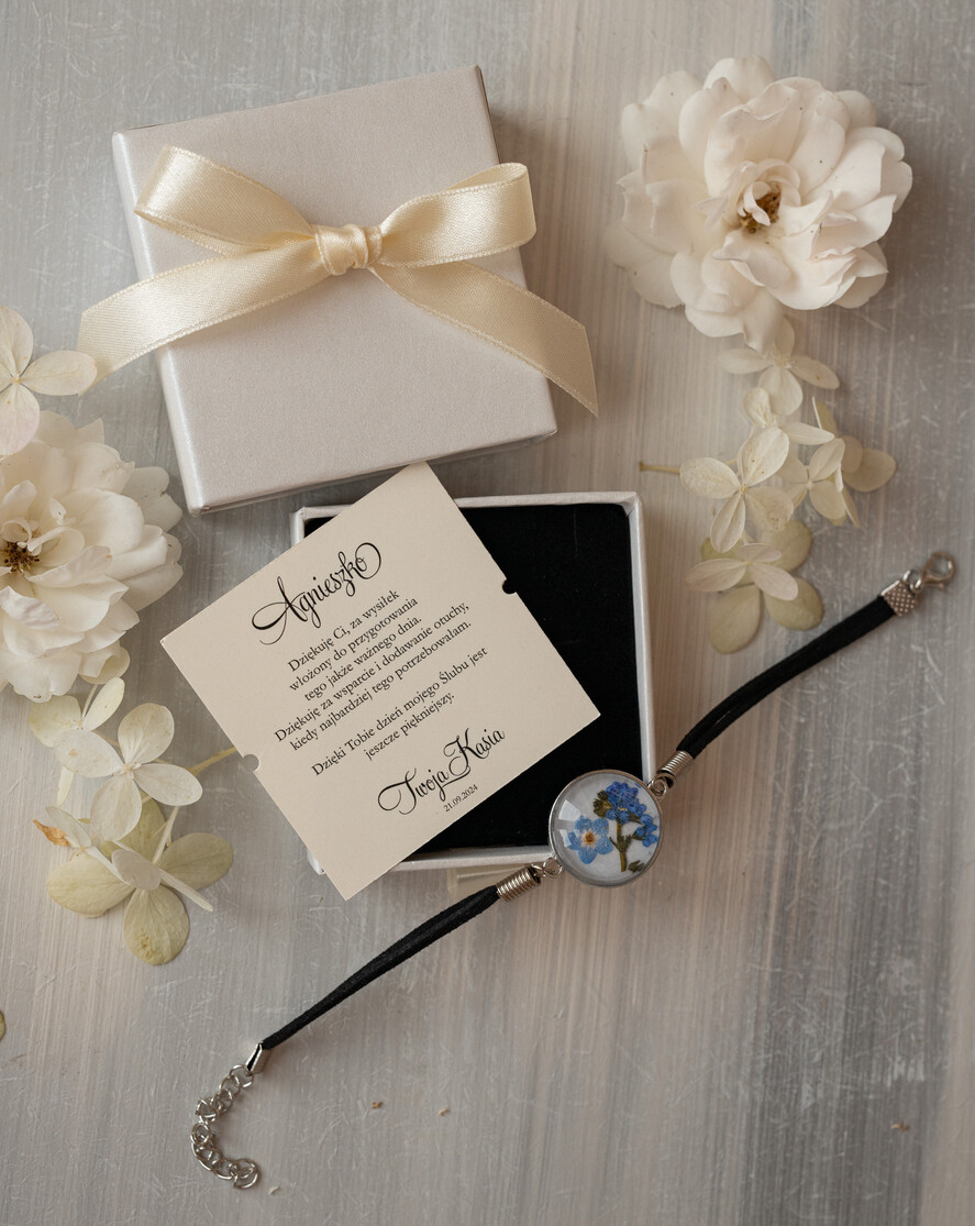Prezenty dla świadków podziękowania dla świadkowej Podziękowanie dla świadkowej, bransoletka z niezapominajką, wyjątkowy prezent dla świadkowej, prezent dla świadkowej po ślubie2