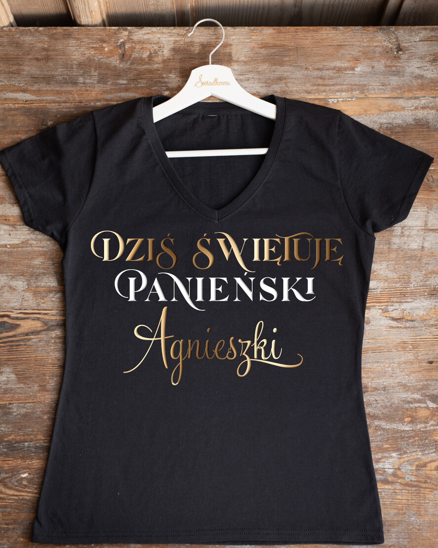 wieczór Panieński Koszulka T-Shirt z Napisem  Presonalizowana Koszulka z Napisem na Wieczór Panieński T-shirt Złoty Napis Dziś świętuję Wieczór Panieński0