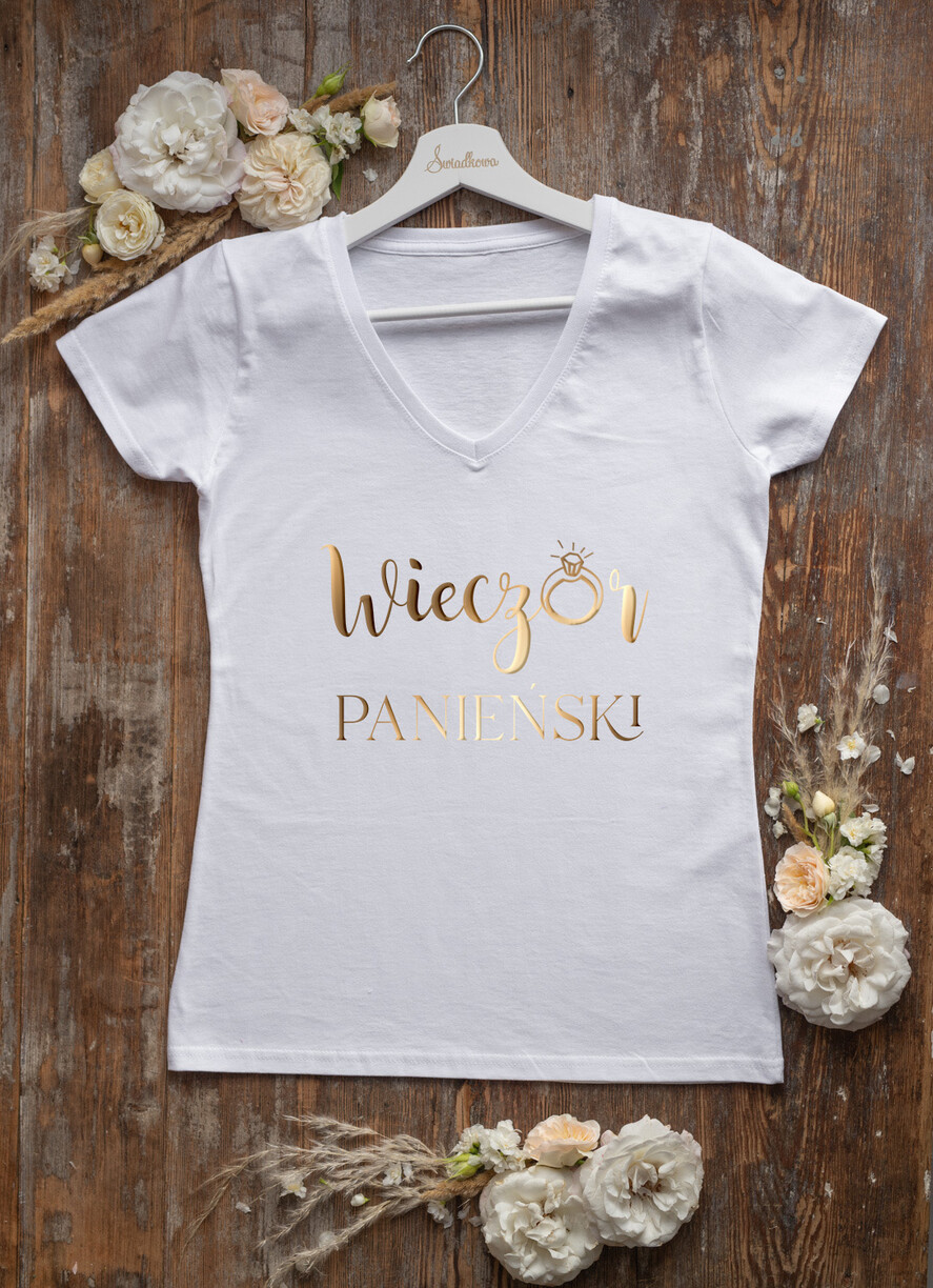 Prezenty dla Panny Młodej  Koszulka na Wieczór panieński  Bawełniana Koszulka Z Napisem Na Wieczór Panieński T-Shirt Złoty Napis 0