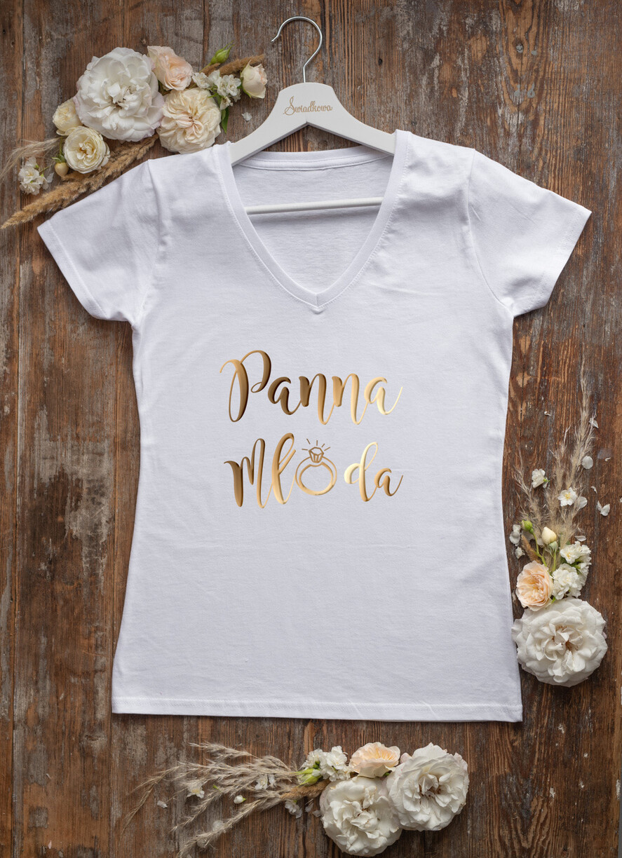 Prezenty dla Panny Młodej  Koszulka na Wieczór panieński  Bawełniana Koszulka Z Napisem Panna Młoda Na Wieczór Panieński T-Shirt Złoty Napis 0