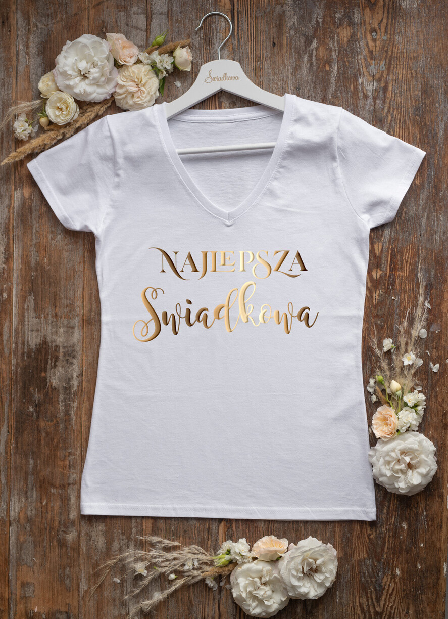 Prezenty dla Panny Młodej  Koszulka na Wieczór panieński  Koszulka Z Napisem Najlepsza Świadkowa  Na Wieczór Panieński T-Shirt Złoty Napis 0