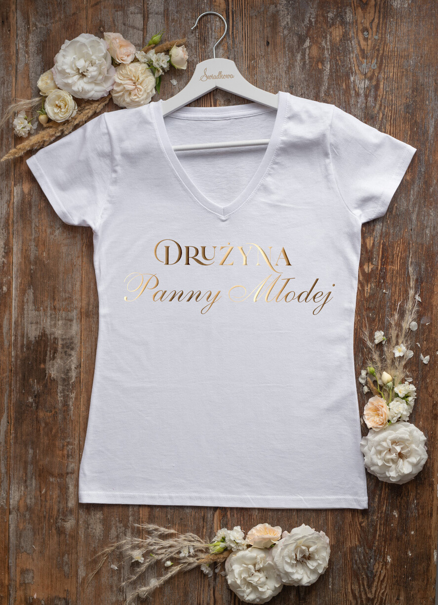 Prezenty dla Panny Młodej  Koszulka na Wieczór panieński  Bawełniana Koszulka Z Napisem Na Wieczór Panieński T-Shirt Złoty Napis Drużyna Panny Młodej 0