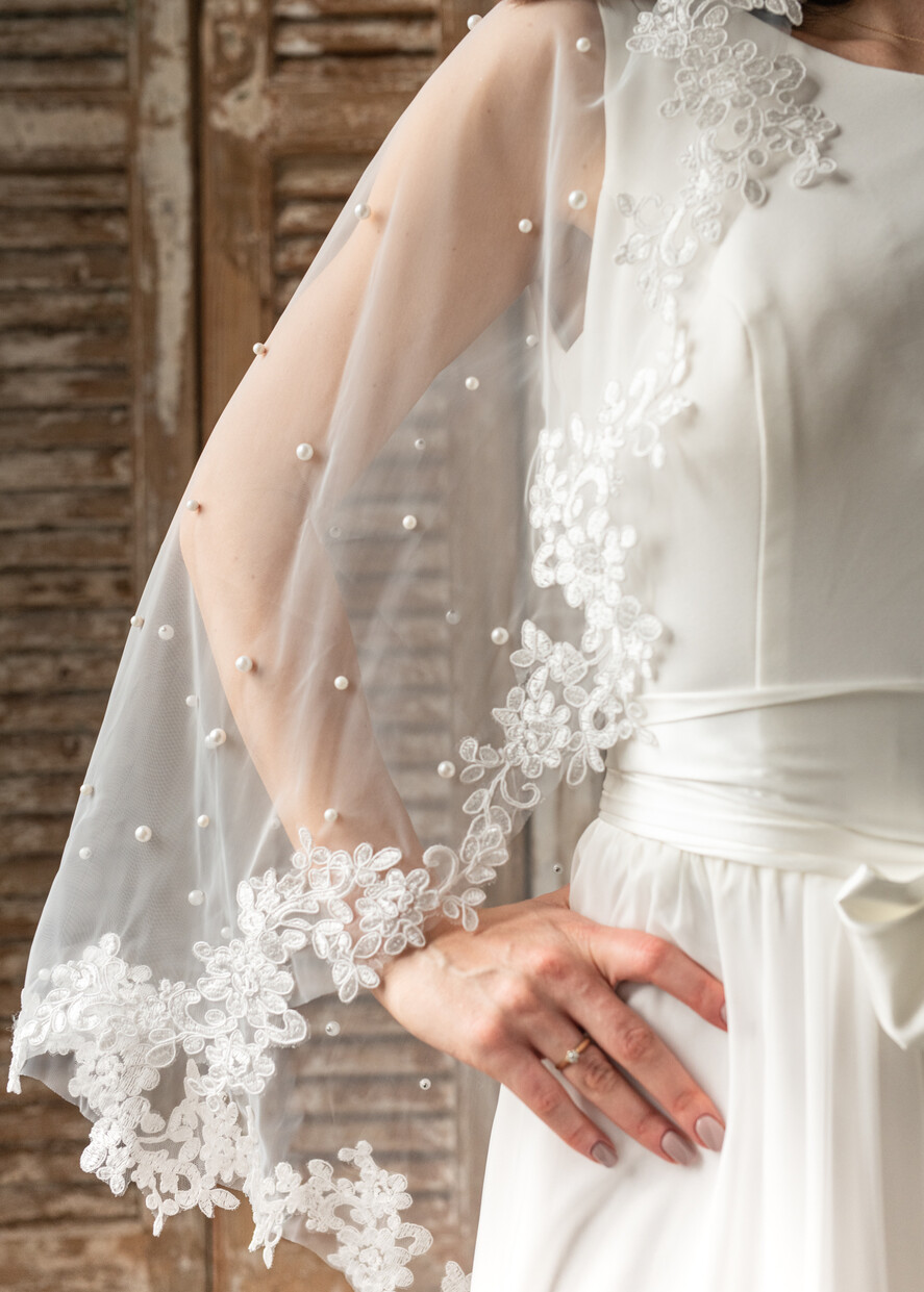 Panna Młoda  Welony welon Slubny wykończony perełkami koronką, Welon ślubny dla panny młodej koronka i perły 2