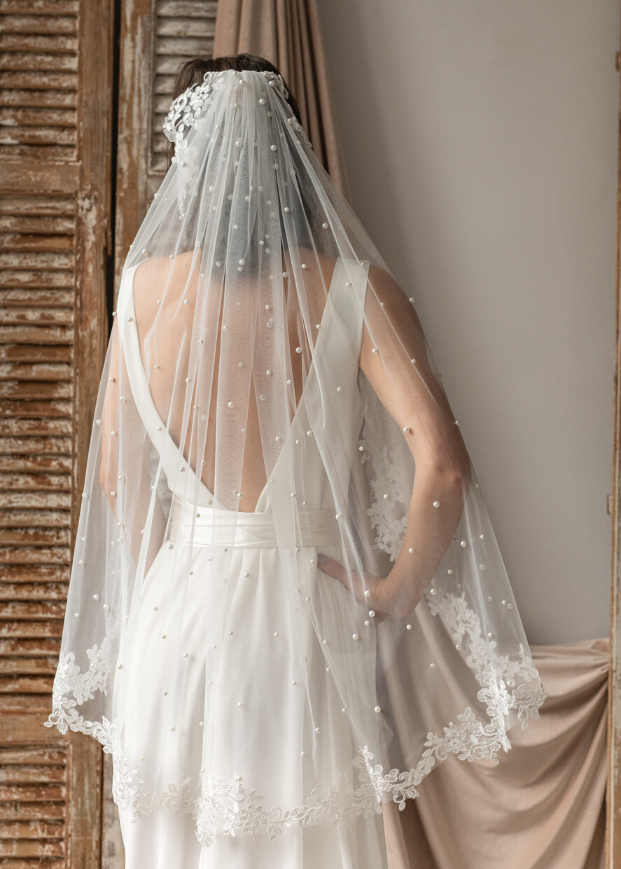Panna Młoda  Welony welon Slubny wykończony perełkami koronką, Welon ślubny dla panny młodej koronka i perły 6