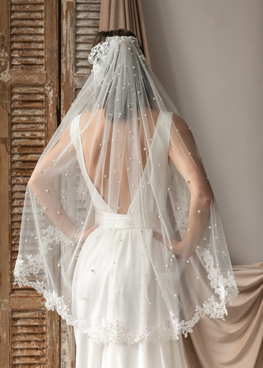 Panna Młoda  Welony welon Slubny wykończony perełkami koronką, Welon ślubny dla panny młodej koronka i perły 7