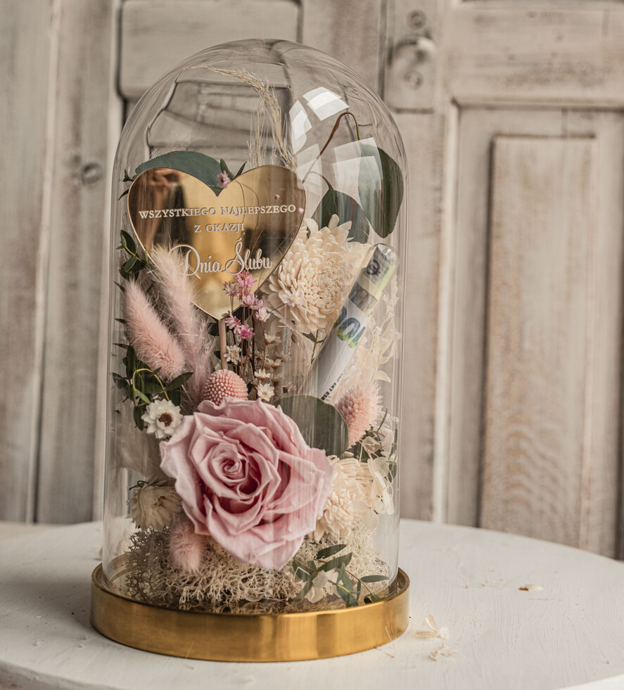  Prezenty dla Młodej Pary  flowerbox, kartki z życzeniami, pudełka na prezenty prezenty z okazji ślubu dla Pary Młodej, w co zapakować pieniądze dla pary młodej, kompozycja kwiatowa w szklanej kopule, fiolka na pieniądze dla młodej pary, różowo zielony flowerbox2