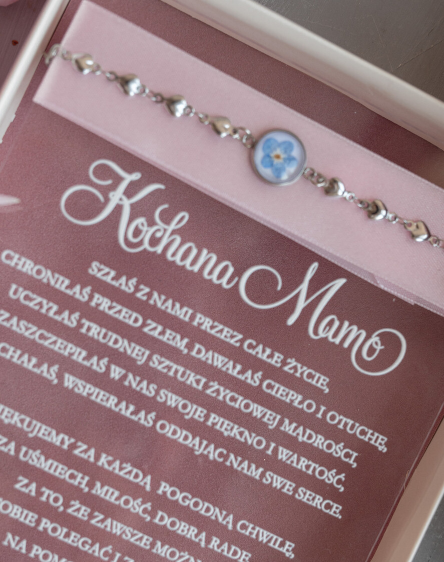 Prezenty, Podziękowania dla Mamy  pudełka na prezenty, słodkości, bransoletki  Elegancki prezent dla Mamy, bransoletka z niezapominajką, wyjątkowy prezent na podziękowanie dla Mamy, prezent dla Mamy po ślubie, ślubne podziękowanie dla Mamy2