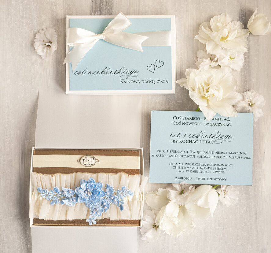 Prezenty dla Panny Młodej  podwiązki ślubne  Prezent dla Panny Młodej od Świadkowej, zestaw prezentowy na panieński, cos niebieskiego podwiązka ślubna0