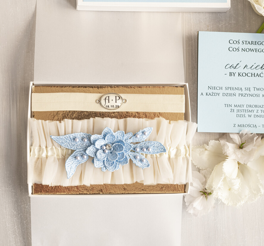 Prezenty dla Panny Młodej  podwiązki ślubne  Prezent dla Panny Młodej od Świadkowej, zestaw prezentowy na panieński, cos niebieskiego podwiązka ślubna2