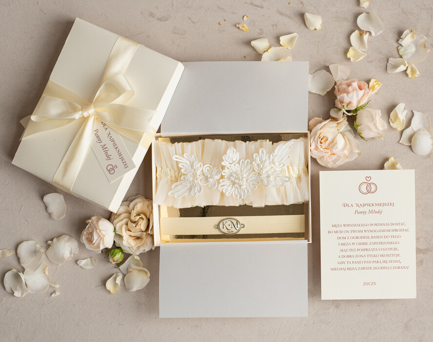 Prezenty dla Panny Młodej  podwiązki ślubne  Zestaw dwóch podwiązek ślubnych dla panny młodej w pudełeczku z kartką, box prezentowy na wieczór panieński, koronkowa presonalizowana tiulowa podwiazka ślubna prezent od świadkowej dla panny młodej0