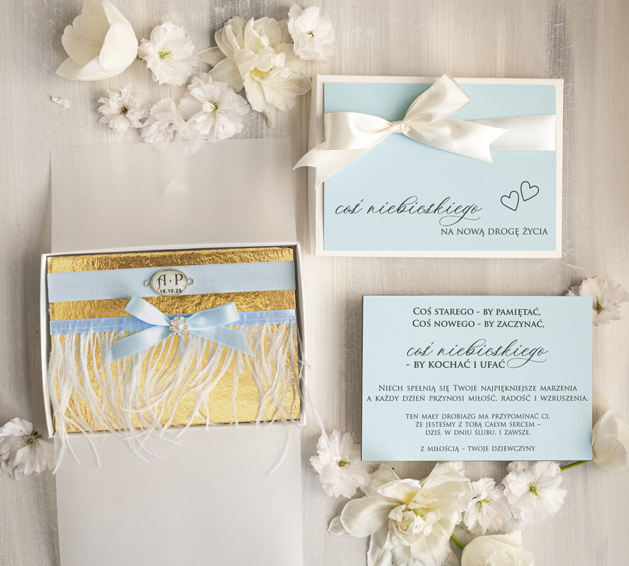Prezenty dla Panny Młodej  podwiązki ślubne  Prezent dla Panny Młodej od Świadkowej z piórami, zestaw prezentowy na panieński, cos niebieskiego podwiązka ślubna0