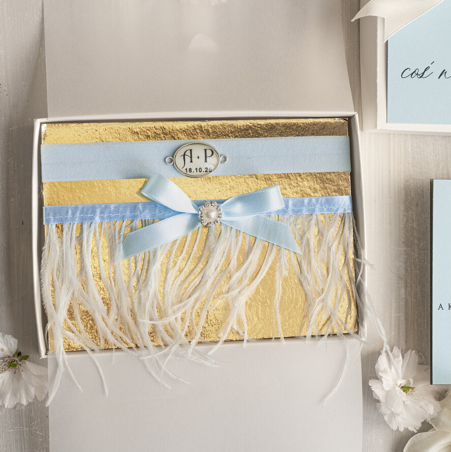 Prezenty dla Panny Młodej  podwiązki ślubne  Prezent dla Panny Młodej od Świadkowej z piórami, zestaw prezentowy na panieński, cos niebieskiego podwiązka ślubna1