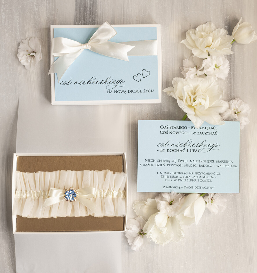 Prezenty dla Panny Młodej  podwiązki ślubne  Prezent dla Panny Młodej od Świadkowej, zestaw prezentowy na panieński, cos niebieskiego podwiązka ślubna1