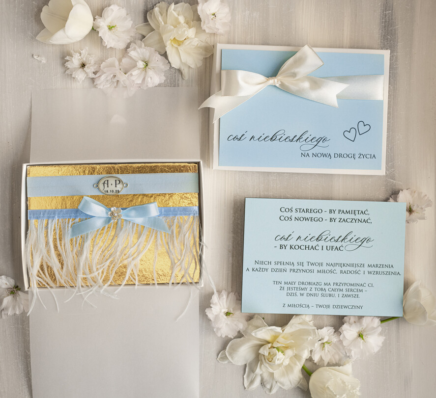 Prezenty dla Panny Młodej  podwiązki ślubne  Prezent dla Panny Młodej od Świadkowej z piórami, zestaw prezentowy na panieński, cos niebieskiego podwiązka ślubna0