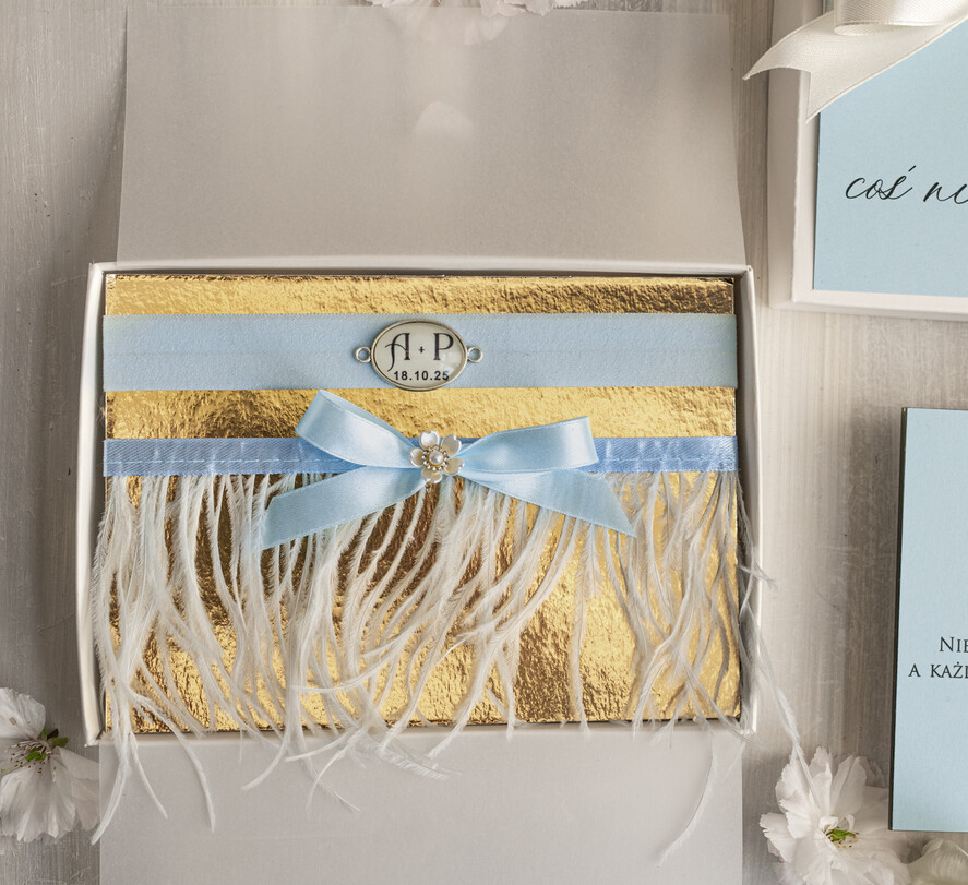Prezenty dla Panny Młodej  podwiązki ślubne  Prezent dla Panny Młodej od Świadkowej z piórami, zestaw prezentowy na panieński, cos niebieskiego podwiązka ślubna1