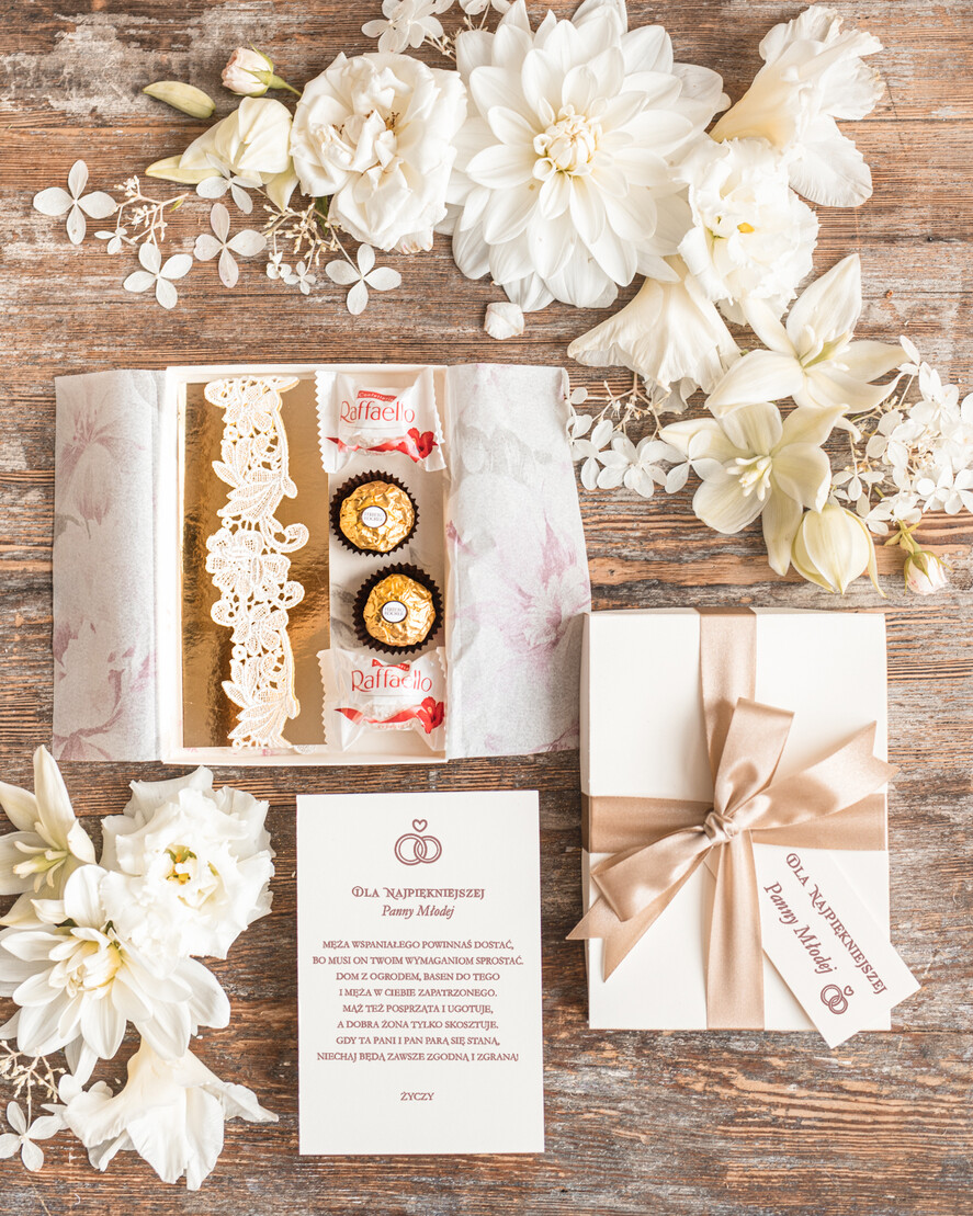 Prezenty dla Panny Młodej  podwiązki ślubne  Prezent podwiązka ślubna dla panny młodej w zestawie z pralinkami kartką i pudełeczkiem, box prezentowy na wieczór panieński0