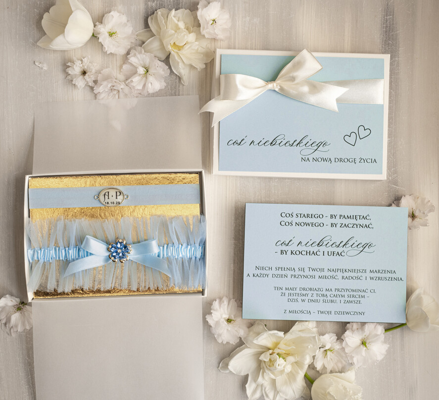 Prezenty dla Panny Młodej  podwiązki ślubne  Prezent dla Panny Młodej od Świadkowej, zestaw prezentowy na panieński, cos niebieskiego podwiązka ślubna0
