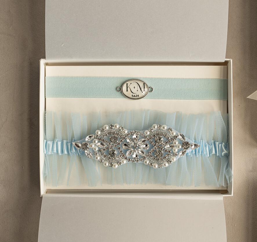 Prezenty dla Panny Młodej  podwiązki ślubne  Gotowy Zapakowany Prezet dla Panni Młodej, coś niebieskiego - prezent dla panny młodej, podwiązka ślubna z kryształkami, podwiązka z niebieskiego tiulu 1