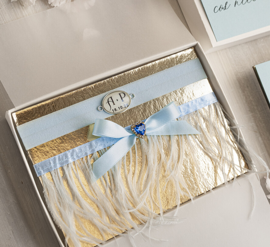 Prezenty dla Panny Młodej  podwiązki ślubne  Prezent dla Panny Młodej od Świadkowej z piórami, zestaw prezentowy na panieński, cos niebieskiego podwiązka ślubna2