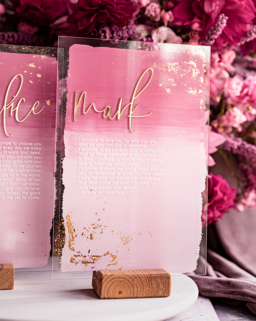 Przysięga Małżeńska  Błogosławieństwo od Rodziców Przysięga Małżeńska   akrylowe tabliczki z przysięgą małżeńską, malowane farbą w odcieniach różu, przysięga małżeńska na pamiątkę dla Pary Młodej, 4