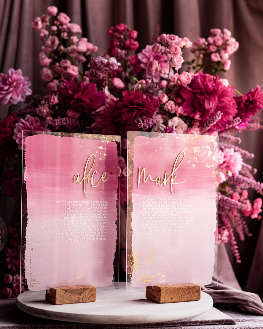 Przysięga Małżeńska  Błogosławieństwo od Rodziców Przysięga Małżeńska   akrylowe tabliczki z przysięgą małżeńską, malowane farbą w odcieniach różu, przysięga małżeńska na pamiątkę dla Pary Młodej, 0