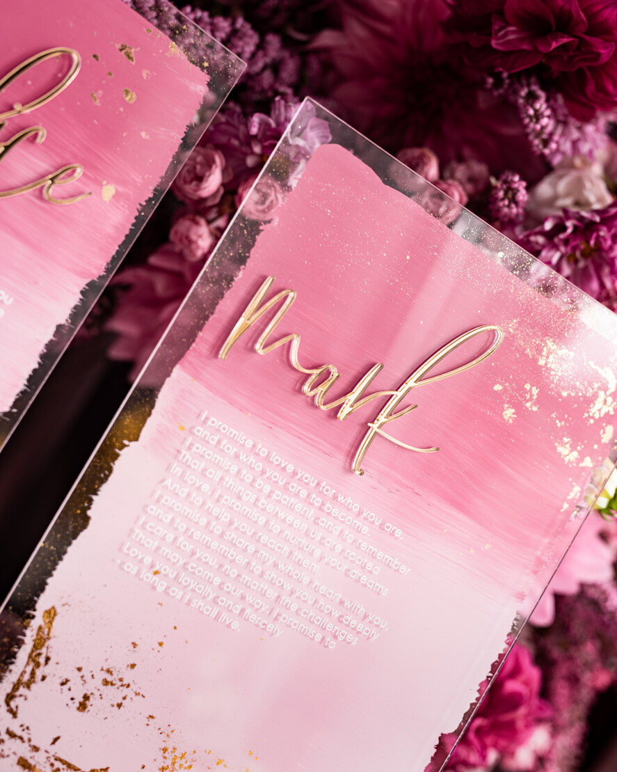 Przysięga Małżeńska  Błogosławieństwo od Rodziców Przysięga Małżeńska   akrylowe tabliczki z przysięgą małżeńską, malowane farbą w odcieniach różu, przysięga małżeńska na pamiątkę dla Pary Młodej, 10