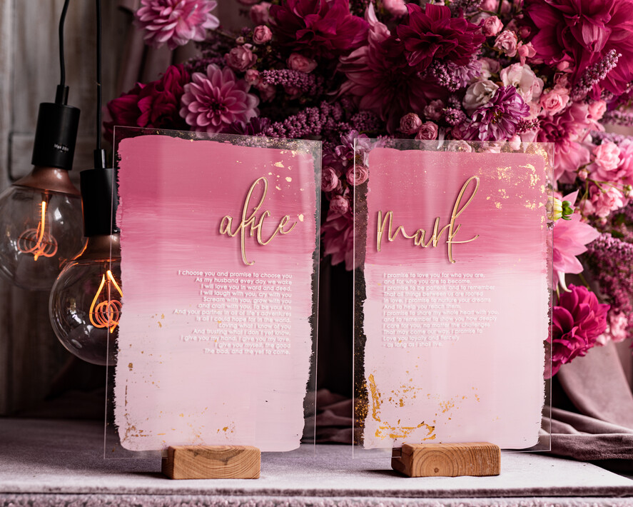 Przysięga Małżeńska  Błogosławieństwo od Rodziców Przysięga Małżeńska   akrylowe tabliczki z przysięgą małżeńską, malowane farbą w odcieniach różu, przysięga małżeńska na pamiątkę dla Pary Młodej, 8